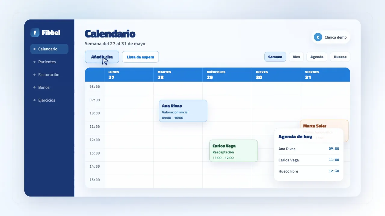 Calendario de citas de Fibbel con la agenda semanal de la clínica