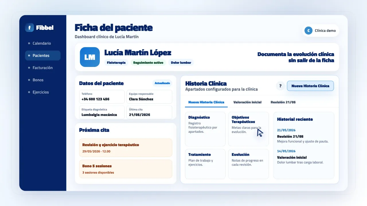 Ficha del paciente en Fibbel con su historia clínica y próxima cita